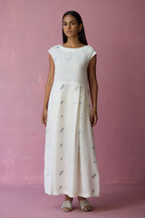 Zaha Cap Sleeve Jamdani Linen Dress - Ivory