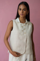Ira Pickstitch Linen Vest - Ecru