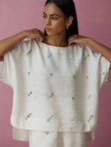Kanni Hand-Embroidered Jamdani Linen Top - Ivory