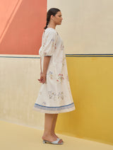 Kaya Floral Linen Dress With Overlay - Ivory