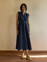 Kara Shawl Collar Linen Dress - Navy