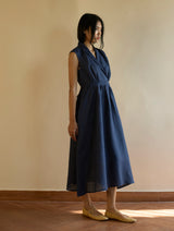 Kara Shawl Collar Linen Dress - Navy
