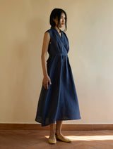 Kara Shawl Collar Linen Dress - Navy
