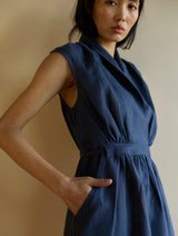 Kara Shawl Collar Linen Dress - Navy