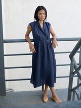 Kara Shawl Collar Linen Dress - Navy