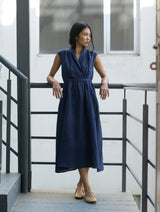 Kara Shawl Collar Linen Dress - Navy