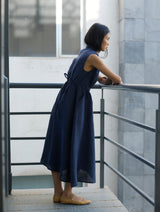 Kara Shawl Collar Linen Dress - Navy