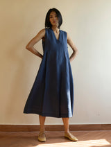 Keta Pleated Linen Dress - Navy