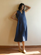 Keta Pleated Linen Dress - Navy