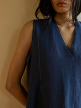 Keta Pleated Linen Dress - Navy