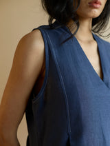 Keta Pleated Linen Dress - Navy