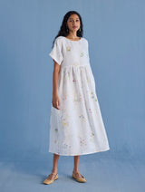 Uniko Pleated Floral Linen Dress - White