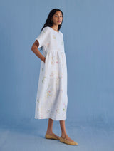 Uniko Pleated Floral Linen Dress - White