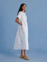Uniko Pleated Floral Linen Dress - White