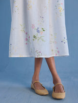 Uniko Pleated Floral Linen Dress - White