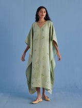 Eva Floral Linen Kaftan Dress - Mint