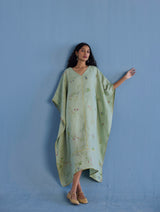Eva Floral Linen Kaftan Dress - Mint