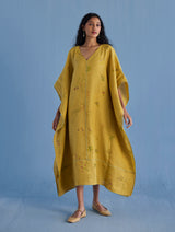 Eva Floral Linen Kaftan Dress - Ochre