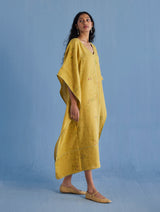 Eva Floral Linen Kaftan Dress - Ochre