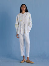 Akavi Pleated Floral Linen Co-ord Set - White