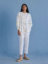 Akavi Pleated Floral Linen Co-ord Set - White