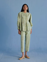 Akavi Pleated Floral Linen Co-ord Set - Mint