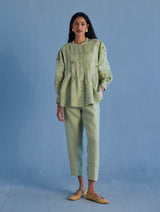 Akavi Pleated Floral Linen Co-ord Set - Mint