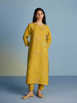 Emra Hand-Embroidered Linen Kurta - Mustard