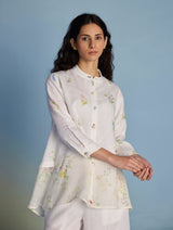 Leina Floral Linen A-Line Shirt - White