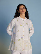 Leina Floral Linen A-Line Shirt - White