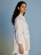 Leina Floral Linen A-Line Shirt - White