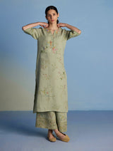 Para Hand-Embroidered Linen Kurta Set - Mint