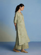 Para Hand-Embroidered Linen Kurta Set - Mint