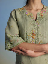 Para Hand-Embroidered Linen Kurta Set - Mint