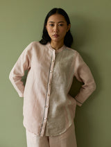 Aline Mandarin Collar Border Linen Shirt - Blush