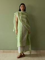 Emma Metallic Stripes Handwoven Linen Dupatta - Meadow