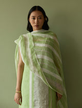 Emma Metallic Stripes Handwoven Linen Dupatta - Meadow