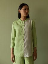 Aline Mandarin Collar Border Linen Shirt - Meadow