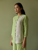 Aline Mandarin Collar Border Linen Shirt - Meadow