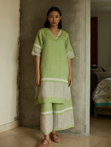 Iva Border Linen Kurta Set - Meadow
