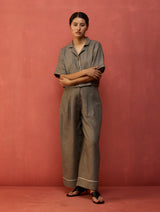 Kiera Cuban Collar Stripe Linen Shirt - Grey