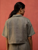 Kiera Cuban Collar Stripe Linen Shirt - Grey