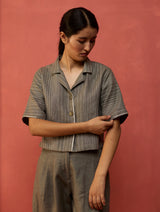 Kiera Cuban Collar Stripe Linen Shirt - Grey