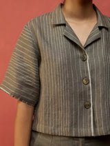 Kiera Cuban Collar Stripe Linen Shirt - Grey