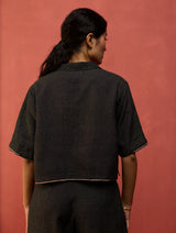 Kiera Cuban Collar Linen Shirt - Charcoal