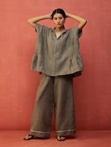 Bonnie Pleated Stripe Linen Top - Grey