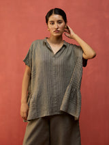 Bonnie Pleated Stripe Linen Top - Grey