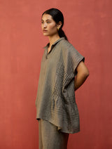Bonnie Pleated Stripe Linen Top - Grey