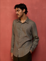 Taka Panelled Stripe Linen Shirt - Grey
