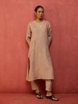 Rena Hand-Embroidered Linen Kurta - Dusty Rose